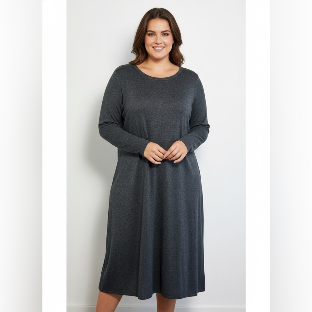 Halston 1X Charcoal Gray Silk Cashmere Long Sleeve Midi Dress
